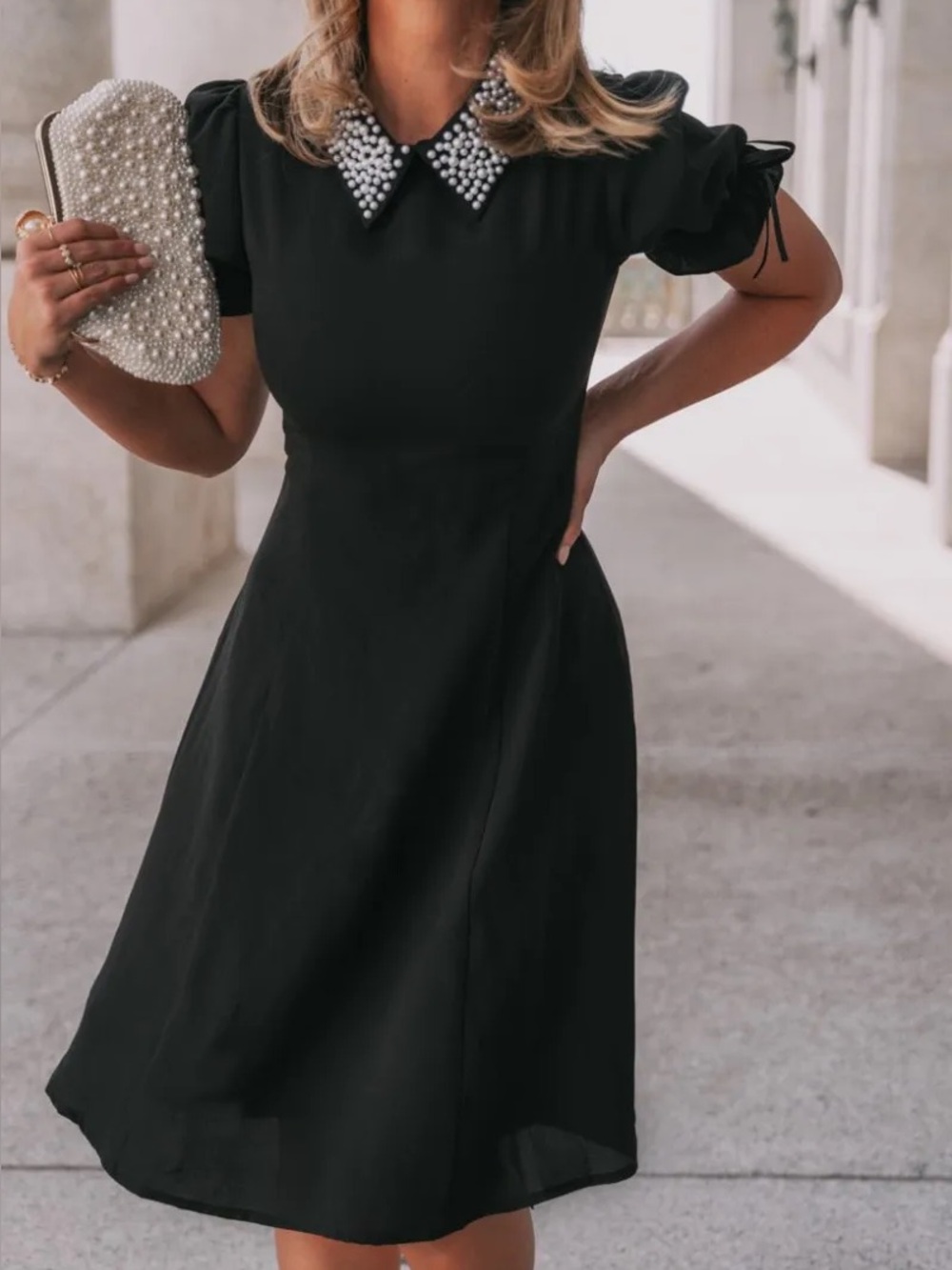 Ivy City Co Black Midi Dress with Pearl Collar